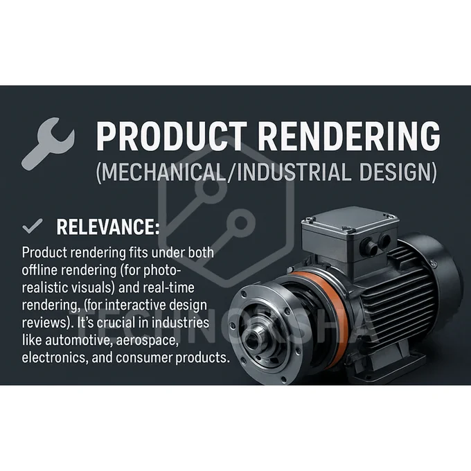 A digital graphic design poster showcasing product rendering for mechanical and industrial design. It features a realistic 3D model of an industrial motor, and includes sections on relevance, purpose, techniques used, and common software with logos of KeyShot, Blender, SolidWorks Visualize, Autodesk VRED, and Unreal Engine.