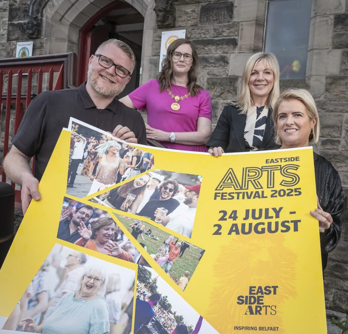 from left: Manager of EastSide Arts and EastSide Arts Festival Neal Campbell,  High Sheriff of Belfast Councillor Fiona McAteer, Chair of EastSide Partnership Suzanne Wylie and Director of Arts Development Arts Council of Northern Ireland Gilly Campbell. 