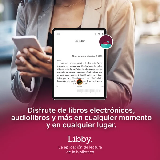 An individual using a smartphone stands behind a tablet displaying an eBook page on the Libby app, promoting access to electronic books and audiobooks from the library.