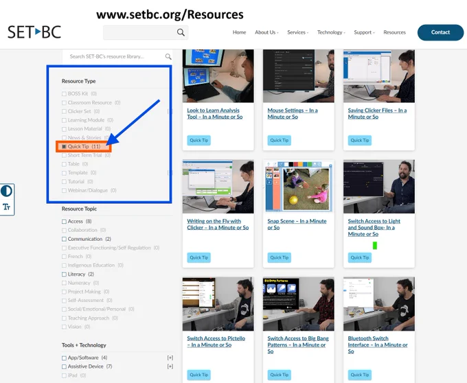 A screenshot of SET-BC resources website - www.setbc.org/Resources.  Resource Topics has been marked up in a rectangle and within those QuickTip has been selected and highlighted with an arrow pointing to it.