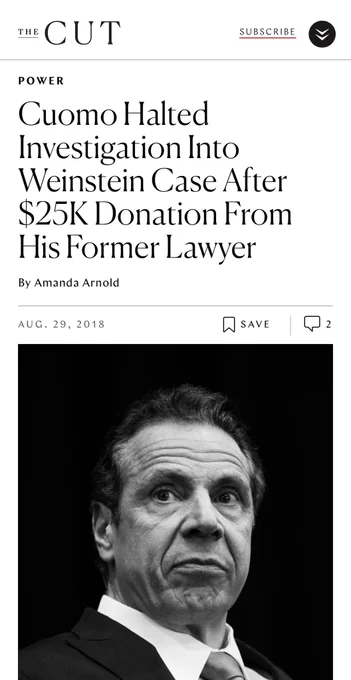 The Cut article from 2018: Cuomo halted investigation into Weinstein case after $25K donation from his former lawyer