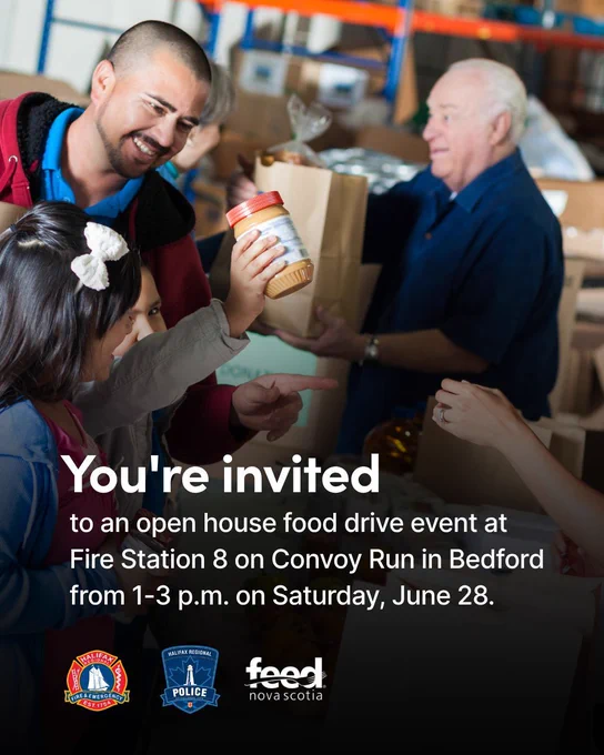 A group of people are participating in a food drive event, with one person handing a jar of peanut butter to another. The background shows shelves with various items. Text on the image reads: "You're invited to an open house food drive event at Fire Station 8 on Convoy Run in Bedford from 1-3 p.m. on Saturday, June 28." Logos for Halifax Regional Fire & Emergency, Halifax Regional Police, and Feed Nova Scotia are displayed at the bottom.