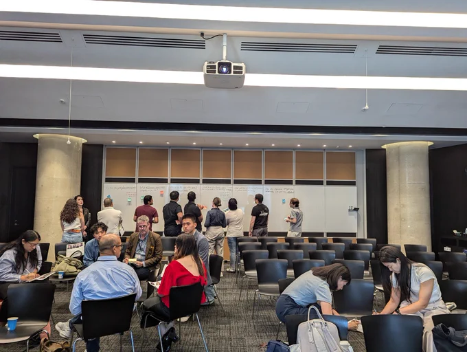 20 people engaging in a whiteboard ideation session.
