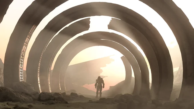 John-117 amid several totem rings at the end of Halo Infinite.
