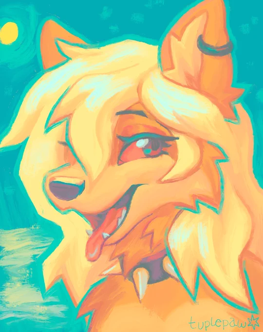 a digital painting of an anthro dog with blond hair, piercings, red eyes has vivid saturated colours, set on a background of cyan with a yellow sun and suggestions of water reflections in the bottom left.