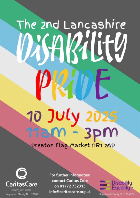 Disability Pride poster 10th of July 11am -3pm Preston Flag Market