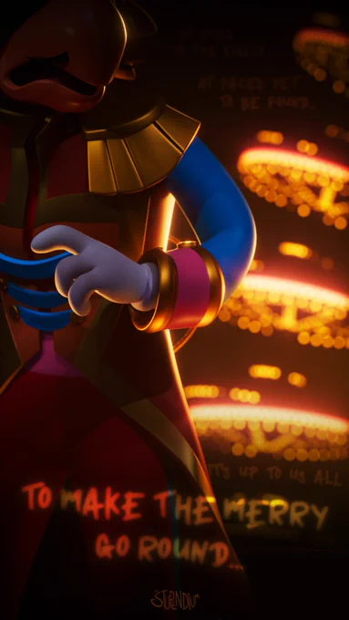 An animated bird in colourful clothes stands in shadow, illuminated by a spiralling tower of fairground carousels in the distance.