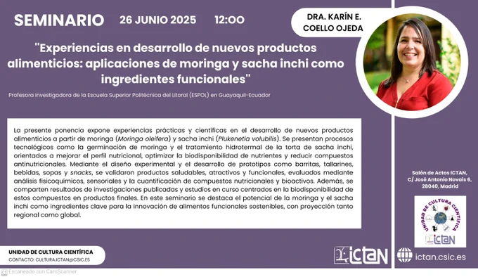 Durante esta ponencia presentaré resultados de mi investigación aplicada sobre el uso de moringa (Moringa oleifera) y sacha inchi (Plukenetia volubilis) en el desarrollo de alimentos funcionales sostenibles, con enfoque en nutrición, innovación tecnológica y biodiversidad latinoamericana.