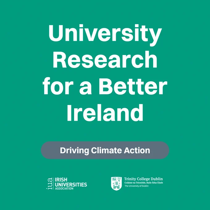 Graphic displaying 'University Research for a Better Ireland, Driving Climate Action' with logos for the Irish Universities Association and Trinity College Dublin on a green background.