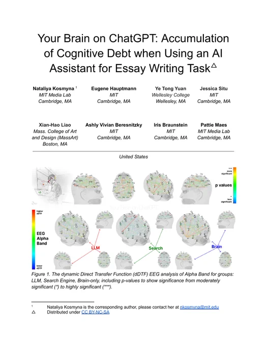 The title page of the paper, "Your Brain on ChatGPT: Accumulation of Cognitive Debt when Using an AI Assistant for Essay Writing Task"