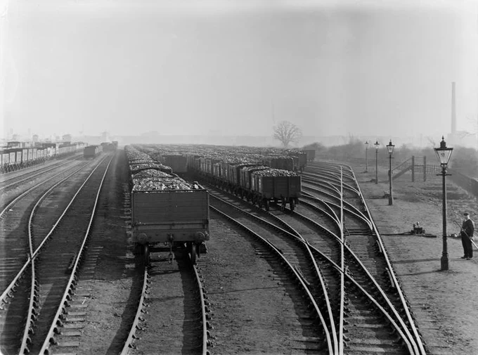 Photograph, c.1910, of Toton sidings, showing rakes of coal wagons in the sidings, with gas lamps to one side. A shunter stands at the edge of the scene. From the National Railway Museum's collections.