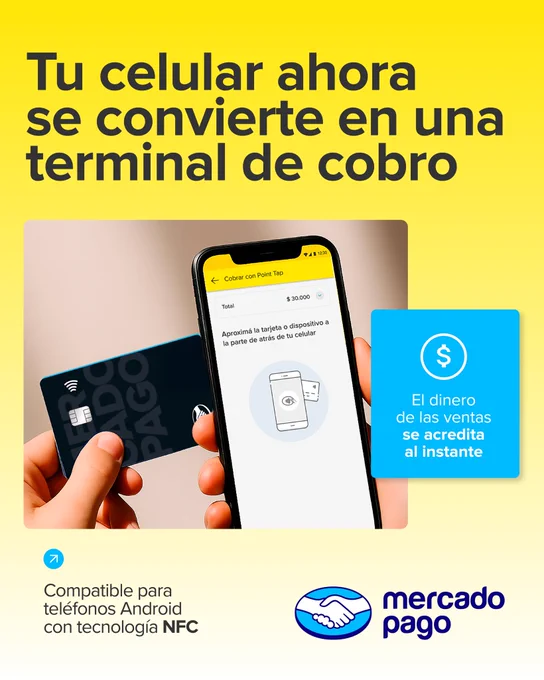 Tu celular ahora se convierte en una terminal de cobro
-El dinero de las ventas se acredita al instante
-Compatible con teléfonos Android con tecnología NFC