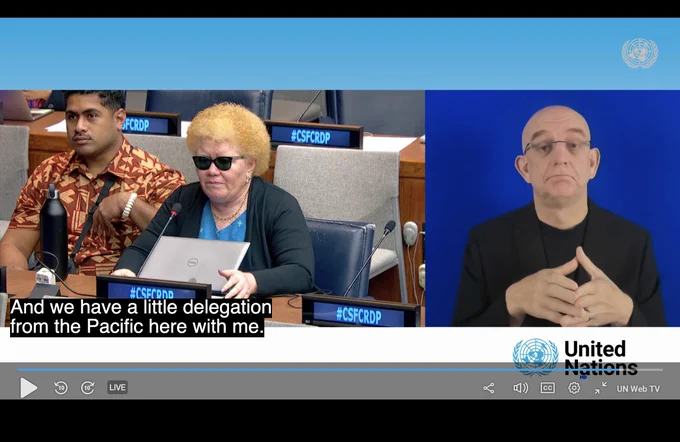 Split-screen view from COSP18 Session 2 of the Civil Society Forum. On the left, Sainimili Tawake, CEO of the Pacific Disability Forum, speaks from a panel table. On the right, a sign language interpreter translates her remarks in real time.