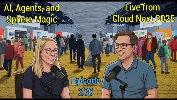 Illustration for "AI, Agents, and Sphere Magic Live from Cloud Next 2025, Episode 236". It shows two people smiling and speaking into microphones in the foreground against a background of a busy convention hall with a large tornado graphic in the center. The person on the left has blonde hair and glasses, wearing a dark shirt, while the person on the right has brown hair and glasses, wearing a blue shirt.