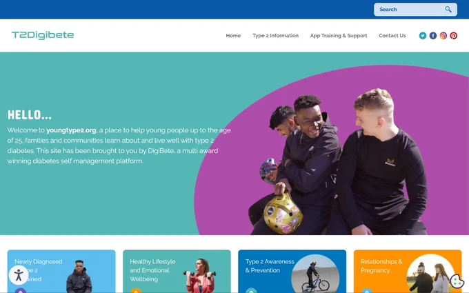 A screenshot of the young Type 2 home page which can be found at https://www.youngtype2.org/