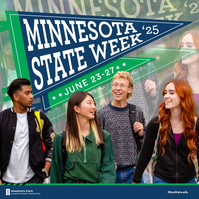 Promotional image for Minnesota State Week showing four smiling students walking together on campus, with the event details 'June 23-27' displayed prominently.