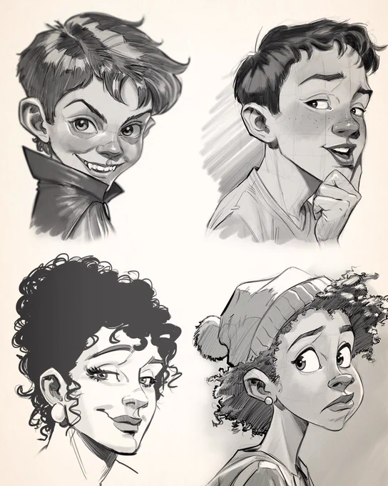 Pencil sketch of four cartoon-style faces, including two boys and two girls with varied hairstyles and facial expressions.