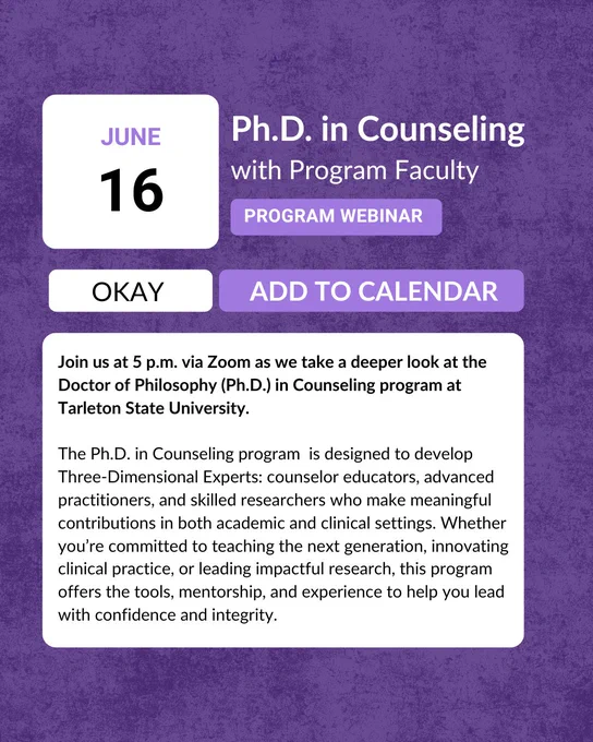 Promotional image for a webinar on June 16 featuring the Ph.D. in Counseling with Program Faculty at Tarleton State University. Includes buttons for details and adding the event to a calendar.