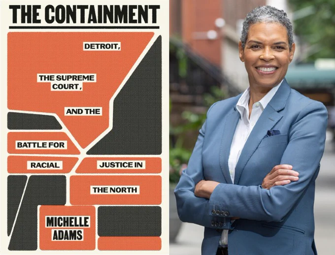 Containment book cover on the left; Michelle Adams on the right.