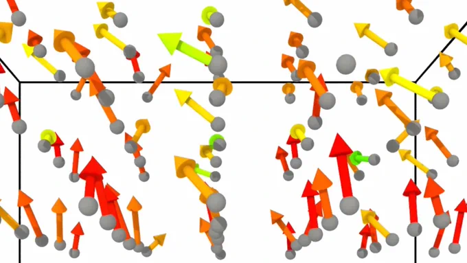 Gray spheres and colored arrows that illustrate charge dynamics in barium titanate atoms. 