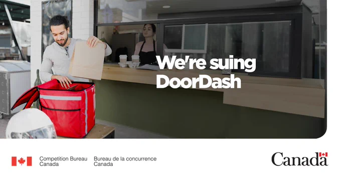 A delivery person placing a package inside a red delivery bag while a barista looks out of a service window. Text in image reads: We’re suing DoorDash.