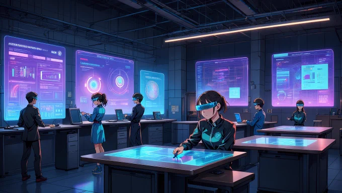 An anime-style futuristic workshop where indie creators are turning their projects into scalable SaaS offerings. The scene is bustling with creative energy, as digital interfaces float around showcasing different service models.