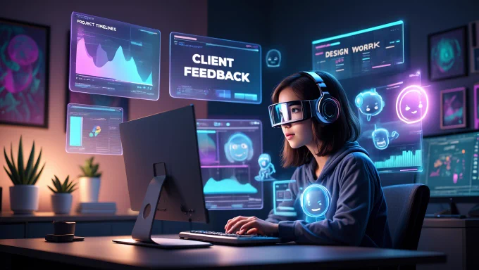 An anime-inspired digital studio where a solo creator is seamlessly managing multiple projects. The room is filled with floating screens and holograms displaying client feedback, project timelines, and creative designs.