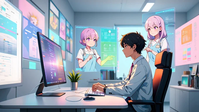 An anime-inspired creative studio where a solo entrepreneur is at the helm of a high-tech workstation. Surrounding them are floating holographic displays showing project timelines, client feedback, and creative drafts.