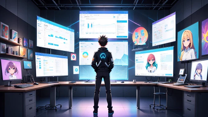 An anime-inspired high-tech studio where a solo entrepreneur is managing their business with precision and flair. The studio is filled with floating digital screens displaying project timelines, client interactions, and creative drafts.