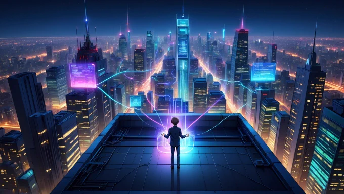 An anime-style futuristic metropolis alive with streams of real-time data. Each skyscraper in the cityscape represents a different application, all interconnected by vibrant lines of light symbolizing WebSocket connections.