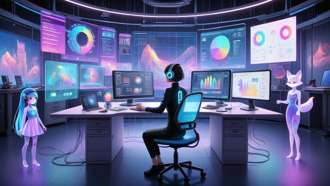 An anime-inspired futuristic studio where a solo entrepreneur manages their agency with precision and creativity. The space is filled with floating digital screens displaying project timelines, client interactions, and creative drafts.