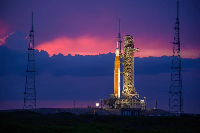 NASA’s Space Launch System (SLS) rocket with the Orion spacecraft aboard is seen atop the mobile launcher at Launch 39B at NASA’s Kennedy Space Center in Florida. Artemis I mission is the first integrated test of the agency’s deep space exploration systems: the Space Launch System rocket, Orion spacecraft, and supporting ground systems.
Image Credit: NASA/Eric Bordelon