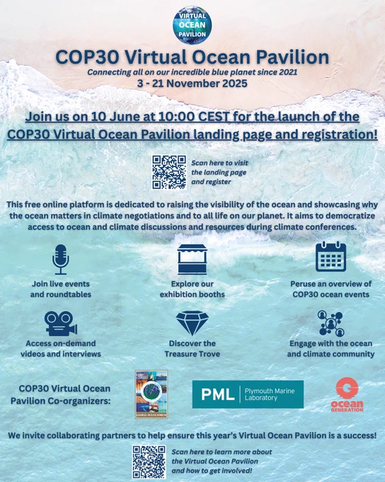 The Pavilion is a free online platform dedicated to raising the visibility of the ocean and showcasing why the ocean matters in climate negotiations and to all life on our planet. It aims to democratize access to ocean and climate discussions and resources during climate conferences. The initiative attracted registrations from 138 countries for COP29 and is now celebrating its fifth edition. 

This event will also mark the opening of the registration process to gain access to a wide selection of features available from 3 to 21 November 2025 - including live events, roundtable discussions, interactive exhibits, our COP30 Ocean Events overview, and much more. 