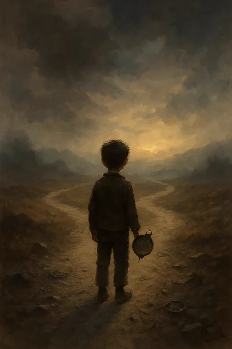A young boy stands at a fork in a misty path, holding a compass in his hand. He faces a glowing horizon as two winding trails stretch into the distance beneath a moody, clouded sky.