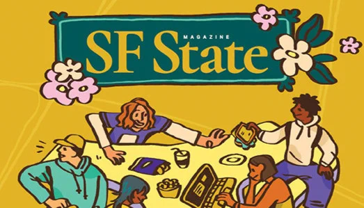 Illustration from SF State Magazine featuring a group of diverse people engaged in a discussion around a table, with books and digital devices, in a vibrant and colorful setting.