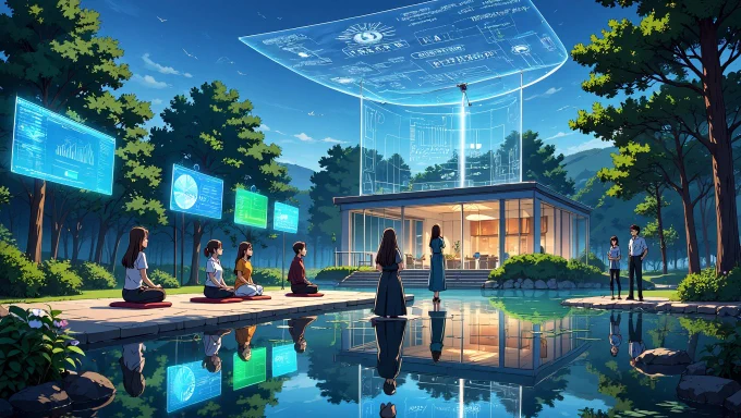 An anime-style tranquil retreat nestled by a serene lake, where founders gather to recharge and strategize. The setting is peaceful yet equipped with high-tech elements, like holographic devices displaying personal growth metrics and business insights. 
