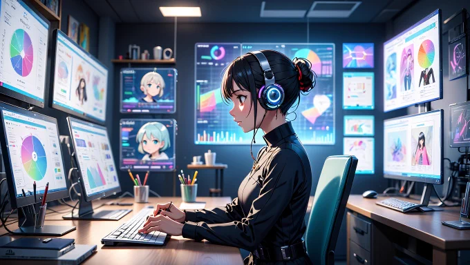 An anime-inspired high-tech studio where a solo entrepreneur manages their business with flair and precision. The studio is equipped with floating digital screens displaying project timelines, client communications, and creative drafts.