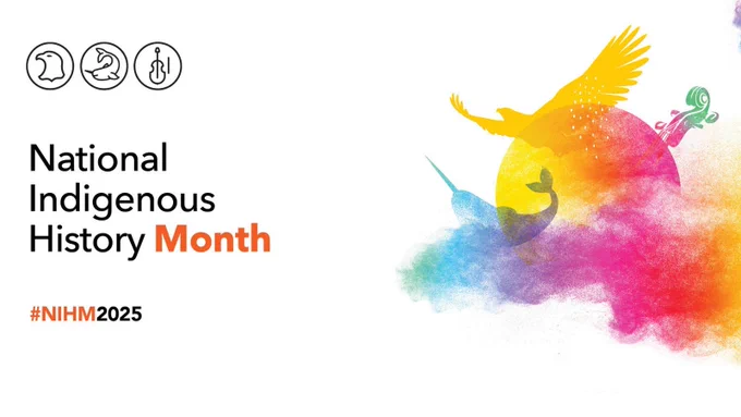 An eagle representing First Nations, a narwhal representing Inuit, and a violin representing Métis. These illustrations are placed around the sun and surrounded by multicoloured smoke that represents Indigenous traditions, spirituality, inclusion and diversity.

National Indigenous History Month
#NIHM2025