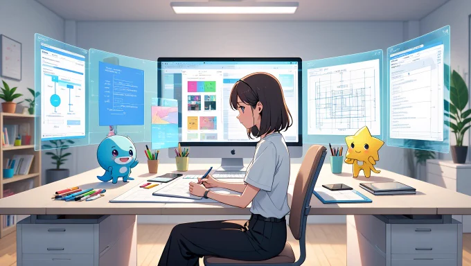 An anime-style workspace bustling with creativity and technology. A solo creator is at the center, surrounded by floating digital screens showcasing project timelines, client communications, and design drafts.