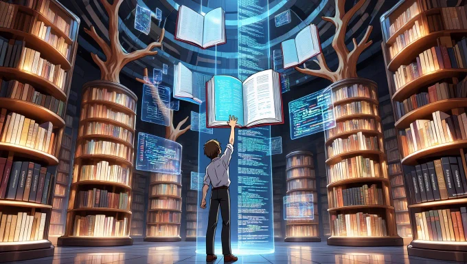 An anime-style digital library filled with glowing bookshelves where each book represents a component of Domain-Driven Design. The protagonist, a skilled software architect, is immersed in this environment, surrounded by floating code and architectural diagrams.