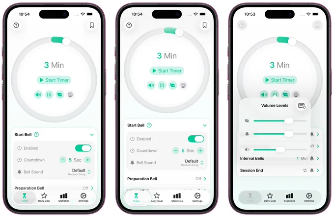 Three screenshots showing Zenitizer’s main timer interface while interacting with various UI elements like the tab bar or the volume picker popup. Things look a bit out of place and you can tell which parts automatically adapt to the new system style and which parts need some updating and tweaking over the summer to blend in nicely.