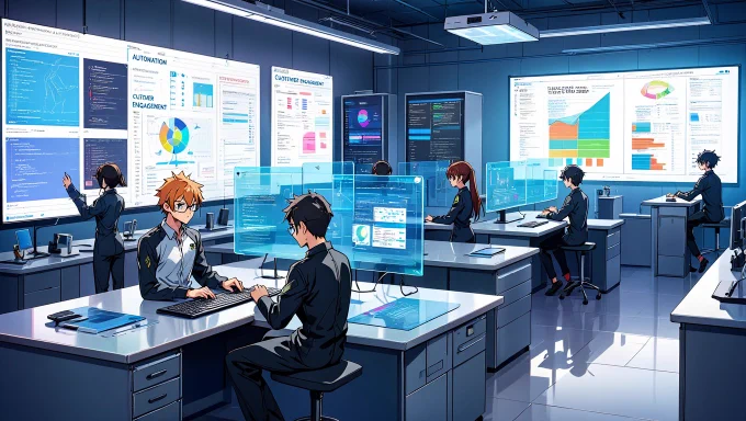 An anime-style innovation laboratory where indie creators are busy converting their traditional services into SaaS models. The space is vibrant and filled with holographic displays, each showcasing different facets of SaaS development, such as automation, customer engagement, and scaling strategies. Creators, depicted in futuristic outfits, are actively collaborating, surrounded by dynamic digital tools and interactive elements.