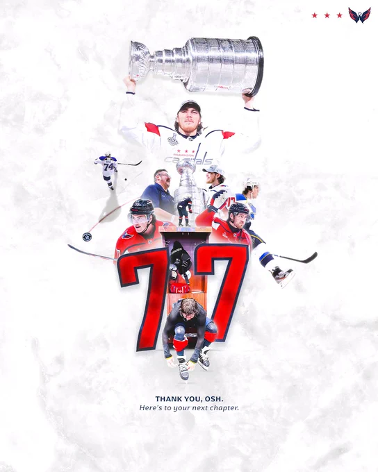 Graphic celebrating T.J. Oshie's career in the NHL with the words "Thank you, Osh. Here's to your next chapter."