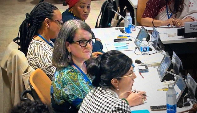 Row of women speaking at the United Nations Side Event. The woman are part of a panel with microphones in front of each person. 