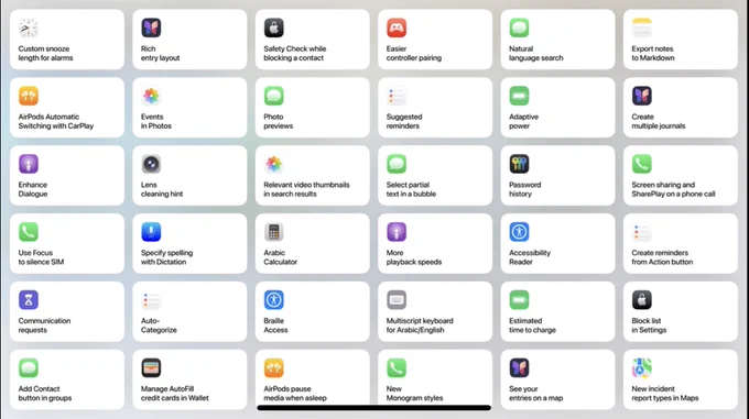 Screenshot of all the new features in iOS26. Custom snooze length for alarms
Rich entry layout
Safety Check while blocking a contact
Easier controller pairing
Natural language search
Export notes to Markdown
AirPods Automatic
Switching with CarPlay
Events in Photos
Photo previews
Suggested reminders
Adaptive power
Create multiple journals
Enhance Dialogue
Lens cleaning hint
Relevant video thumbnails in search results
Select partial text in a bubble
Password history
Screen sharing and
SharePlay on a phone call
Use Focus to silence SIM
Specify spelling with Dictation
Arabic
Calculator
More playback speeds
Accessibility
Reader
Create reminders from Action button
Communication requests
Auto-Categorize
Braille
Access
Multiscript keyboard for Arabic/English
Estimated
time to charge
Block list in Settings
Add Contact button in groups
Manage AutoFill
credit cards in Wallet
AirPods pause media when asleep
New
Monogram styles
See your
entries on a map
New incident
report types in Maps