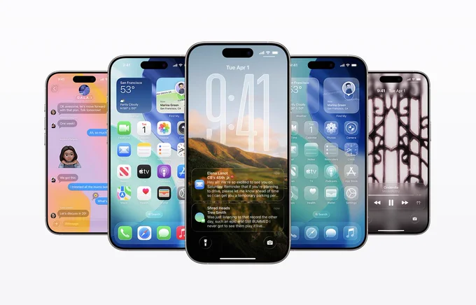 image from Apple WWDC showing various screens from iOS 26 beta. Some of them raise questions around text legibility, etc. due to the use of blur, contrast, opacity, and color selection.