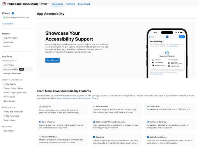 Screenshot of App Store connect showing the App Accessibility section. This section lists labels developers can enable once their app supports that accessibility feature. 