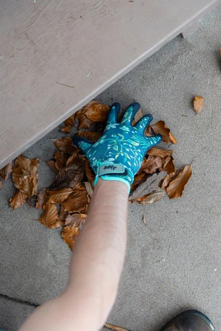 A person wearing a patterned blue glove is reaching to pick up brown leaves accumulated under a bench.