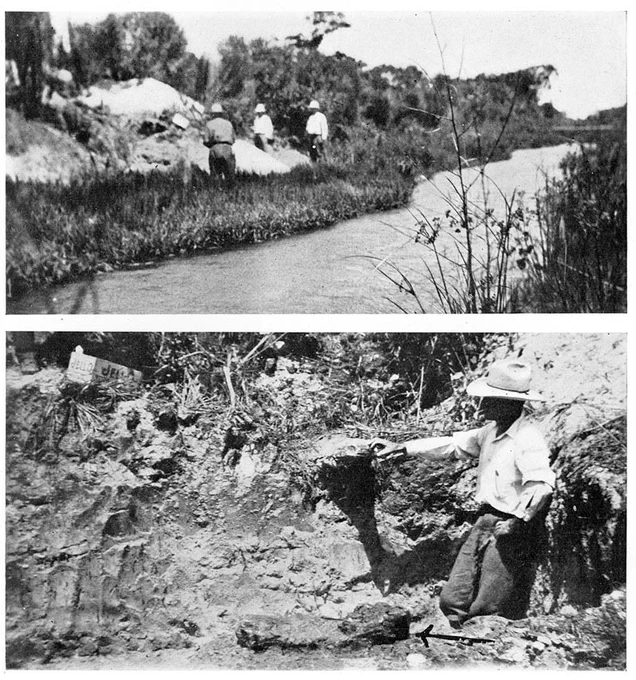 two vintage black and white photos that seem like the 1940s of people exploring a dirt mound along a river and pointing at rocks protruding from the embankment