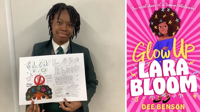 Jessica holding her winning review plus the front cover of Glow Up Lara Bloom